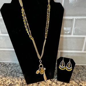 WHBM Green, Brown & Gold gem & beads & Tassel Necklace with matching Earrings